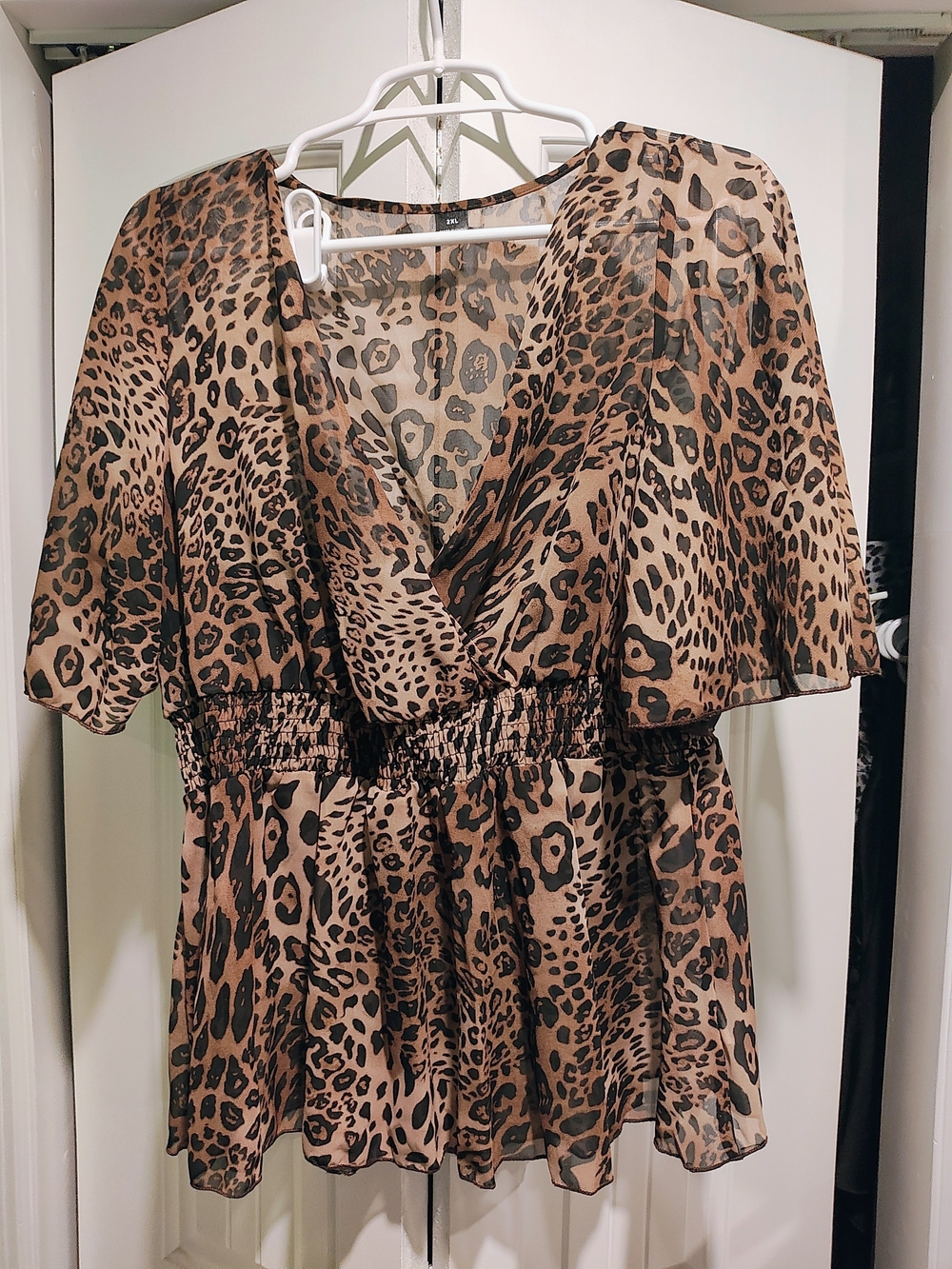 SHEIN Brown and Black Leopard Print Smocked Waist Blouse